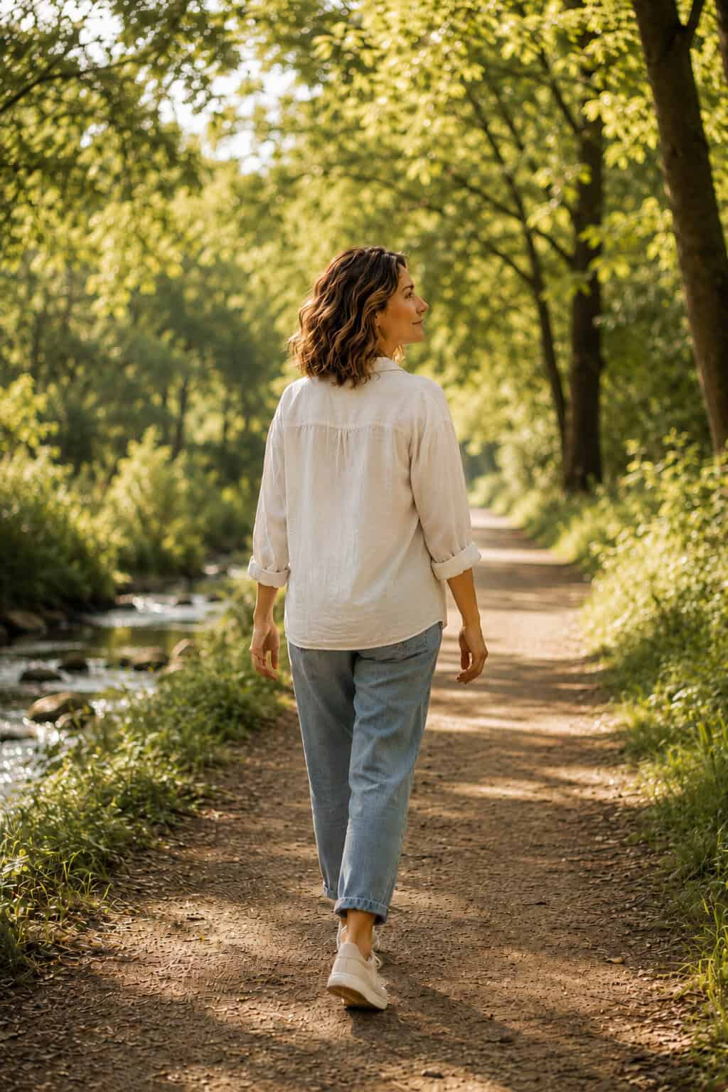 Frau geht auf einem sonnigen Waldweg neben einem kleinen Bach spazieren