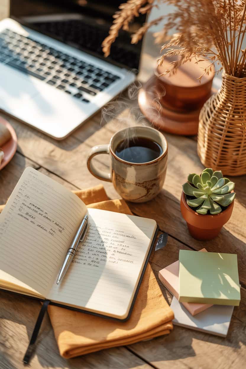 Geöffnetes Notizbuch mit Stift liegt neben einer dampfenden Tasse, Laptop und kleinen Haftnotizen auf einem Tisch.