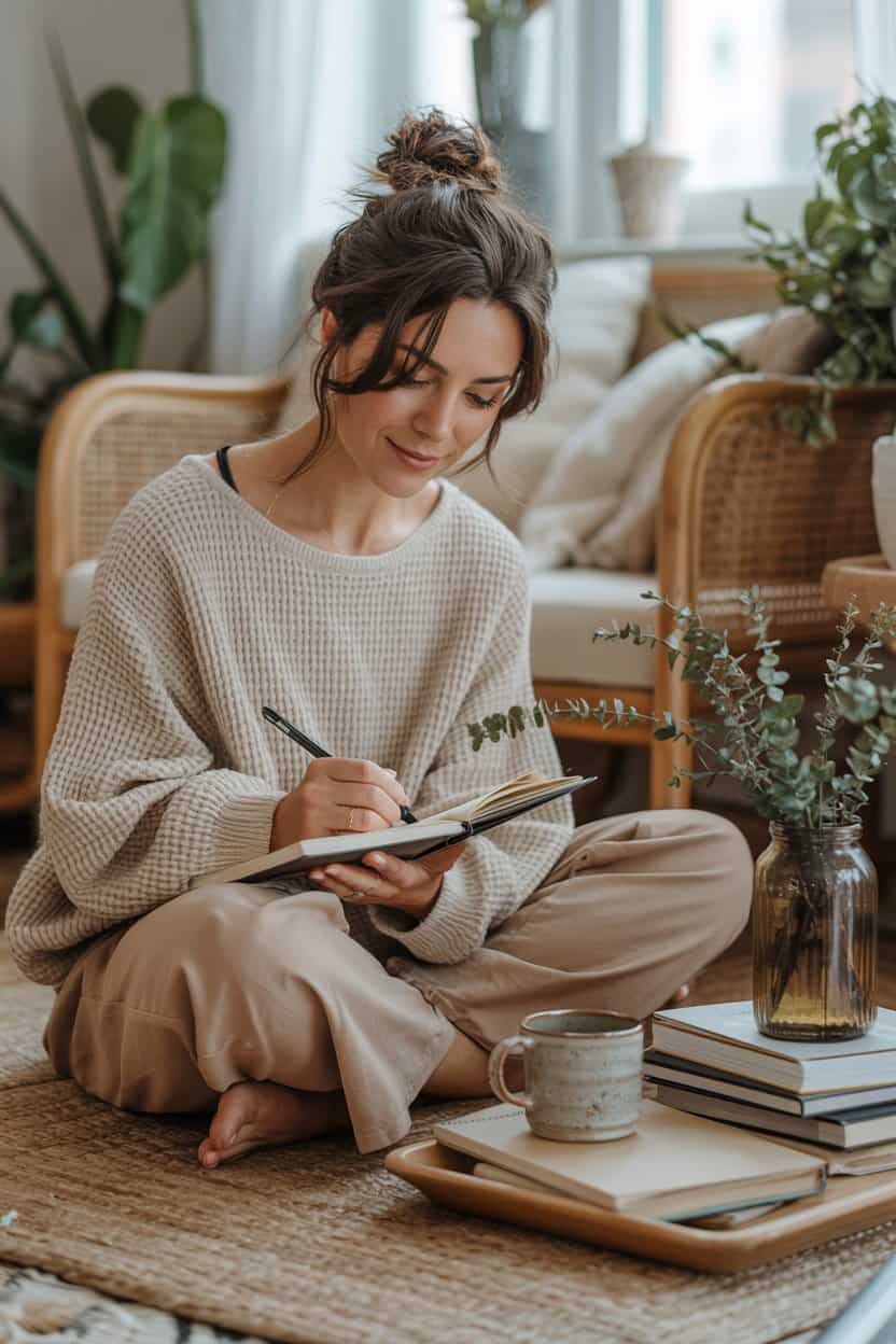 Frau sitzt auf dem Boden und schreibt in ein Notizbuch, neben ihr stehen Tasse und Bücher.