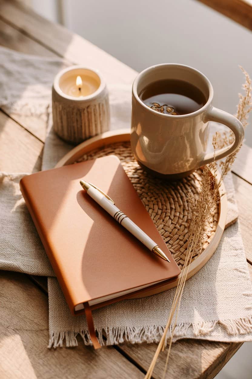 Notizbuch, Stift, Tasse Tee und Kerze liegen auf einem Tablett auf einem Holztisch.