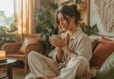 Frau sitzt mit Pyjama im Schneidersitz auf dem Sofa mit einer Tasse Tee in der Hand. Entspanntes Ambiente im Boho Hipster Style.