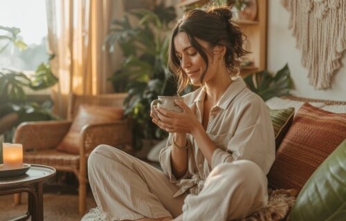 Frau sitzt mit Pyjama im Schneidersitz auf dem Sofa mit einer Tasse Tee in der Hand. Entspanntes Ambiente im Boho Hipster Style.