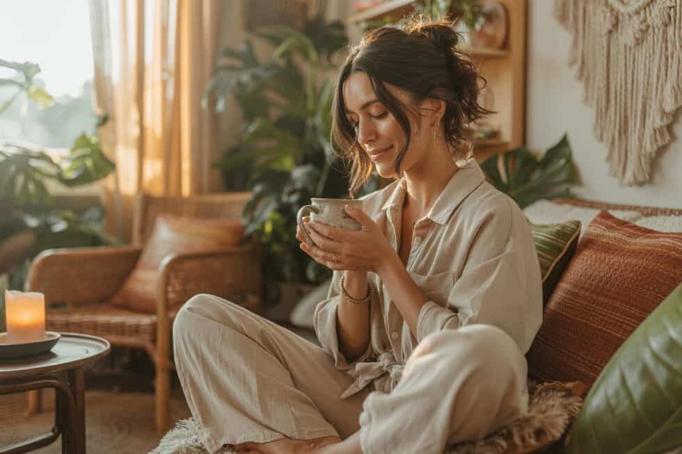 Frau sitzt mit Pyjama im Schneidersitz auf dem Sofa mit einer Tasse Tee in der Hand. Entspanntes Ambiente im Boho Hipster Style.
