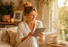 Blonde Frau liest lächelnd auf einem iPad in einer gemütlichen Boho-Wohnzimmerecke.