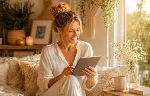 Blonde Frau liest lächelnd auf einem iPad in einer gemütlichen Boho-Wohnzimmerecke.