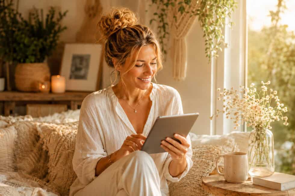 Blonde Frau liest lächelnd auf einem iPad in einer gemütlichen Boho-Wohnzimmerecke.