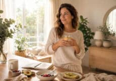 Frau mit Wasserglas am Frühstückstisch in heller Morgenstimmung mit Journal, Kaffee und gesundem Frühstück.
