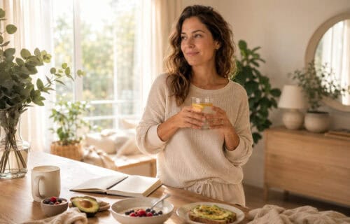 Frau mit Wasserglas am Frühstückstisch in heller Morgenstimmung mit Journal, Kaffee und gesundem Frühstück.