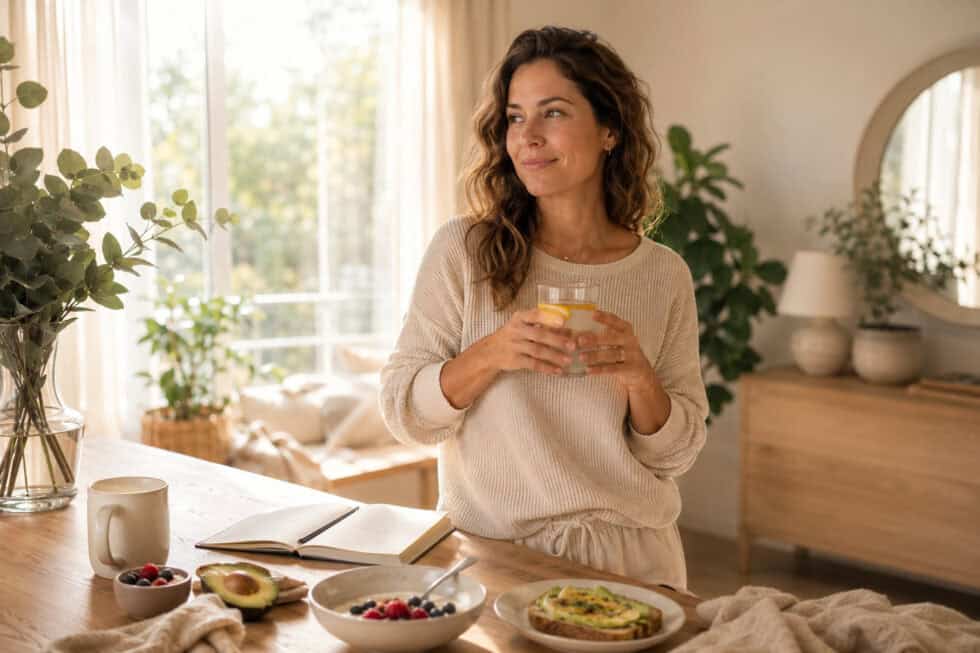 Frau mit Wasserglas am Frühstückstisch in heller Morgenstimmung mit Journal, Kaffee und gesundem Frühstück.