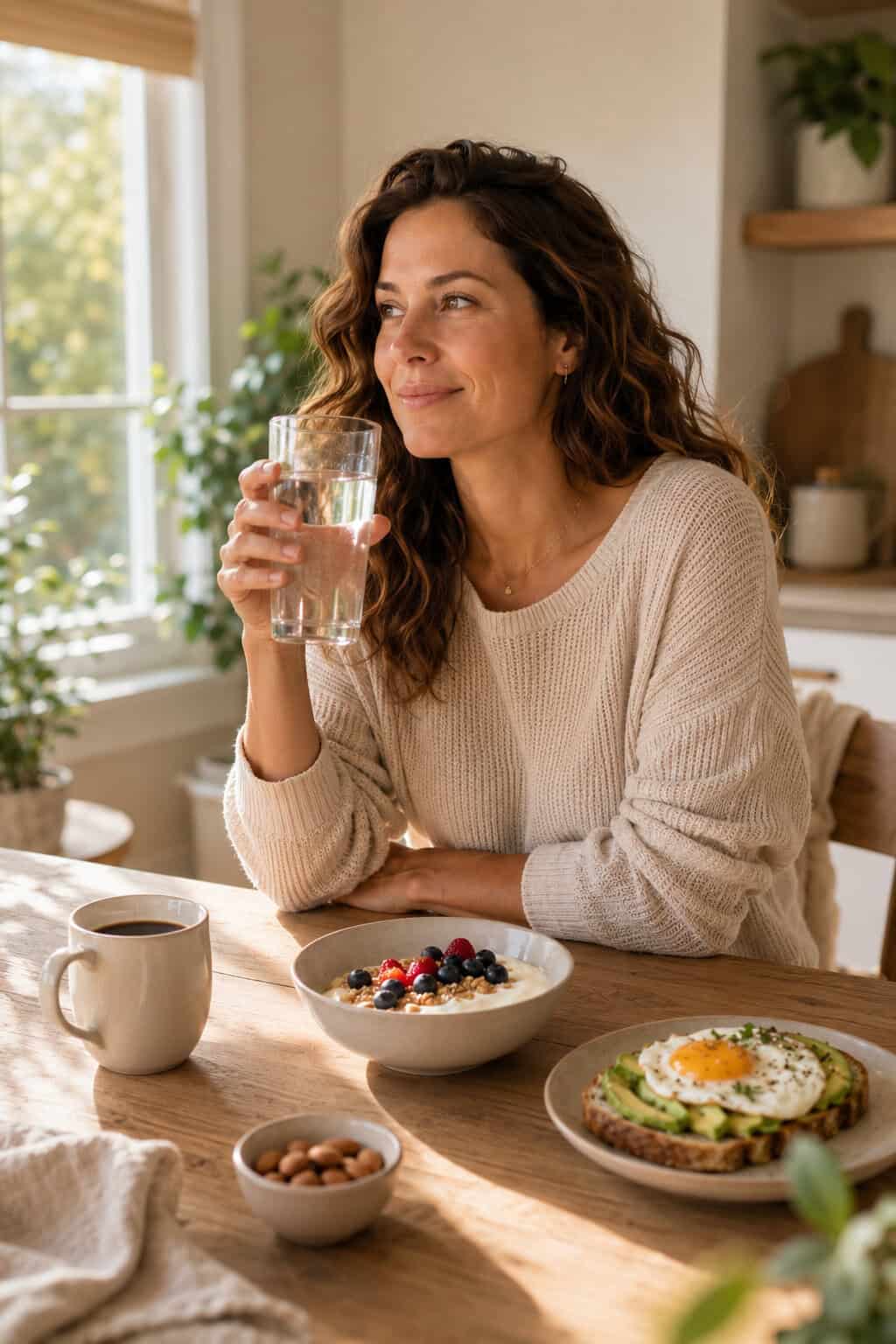 Frau trinkt morgens ein Glas Wasser am Frühstückstisch mit Kaffee, Joghurt, Beeren, Nüssen und Avocado-Ei-Toast.