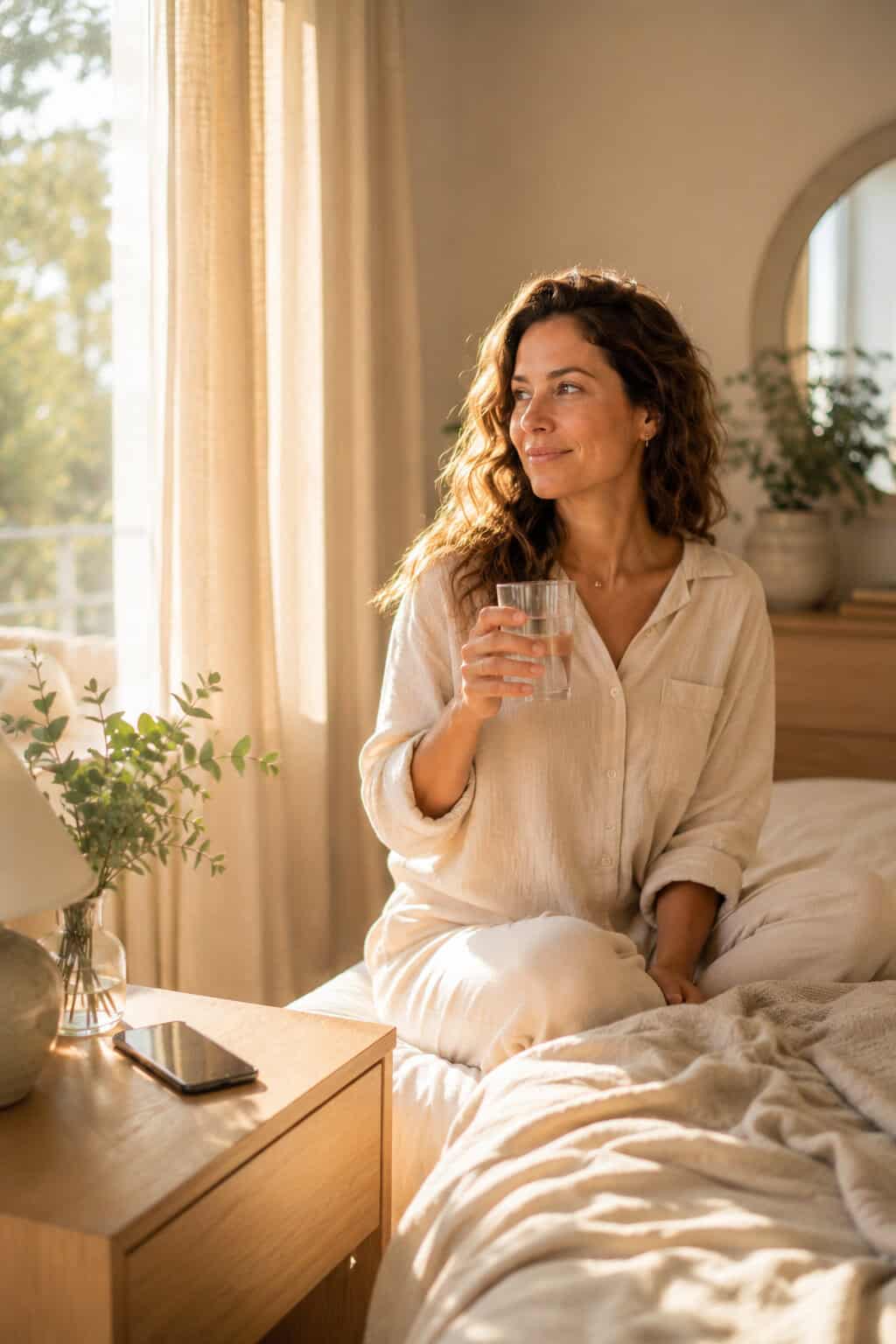 Frau sitzt morgens mit Wasserglas auf dem Bett, während ihr Handy ungenutzt auf dem Nachttisch liegt.