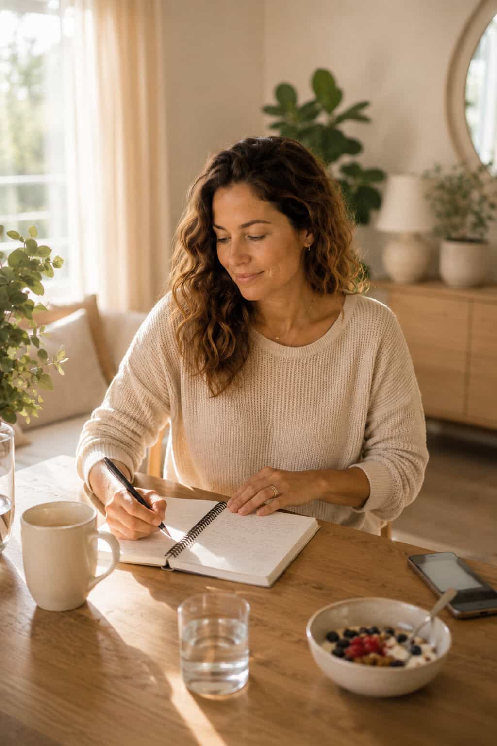 Frau schreibt morgens in ein Journal, während Handy, Wasserglas, Kaffee und Frühstück auf dem Tisch liegen.