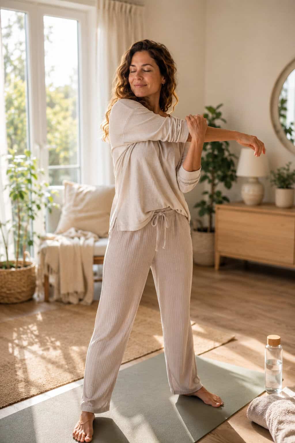 Frau dehnt morgens ihren Arm auf einer Yogamatte in einem hellen, ruhigen Zimmer.