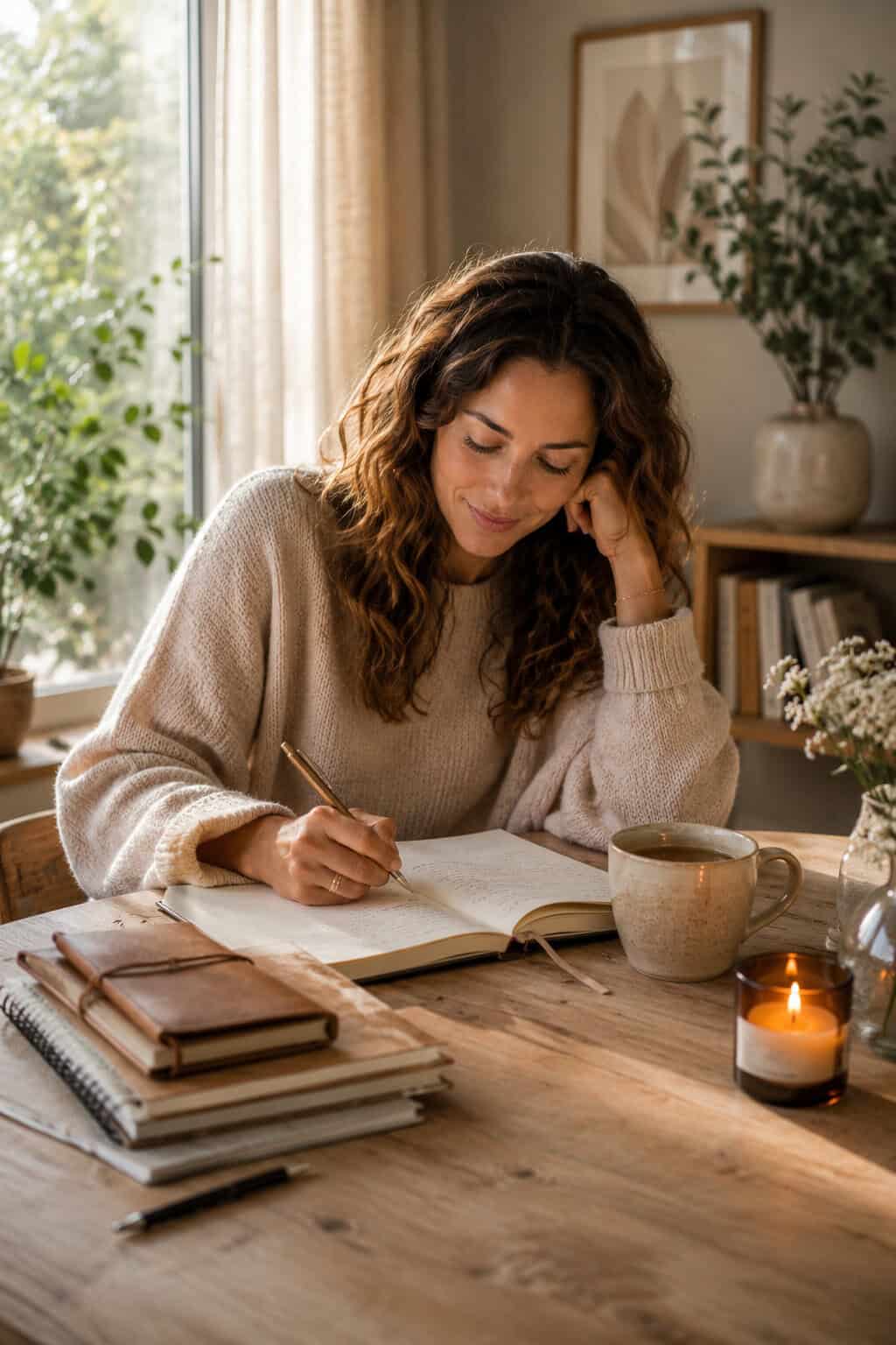 Frau schreibt morgens in ein Journal an einem Holztisch mit Kaffee, Kerze und Notizbüchern.