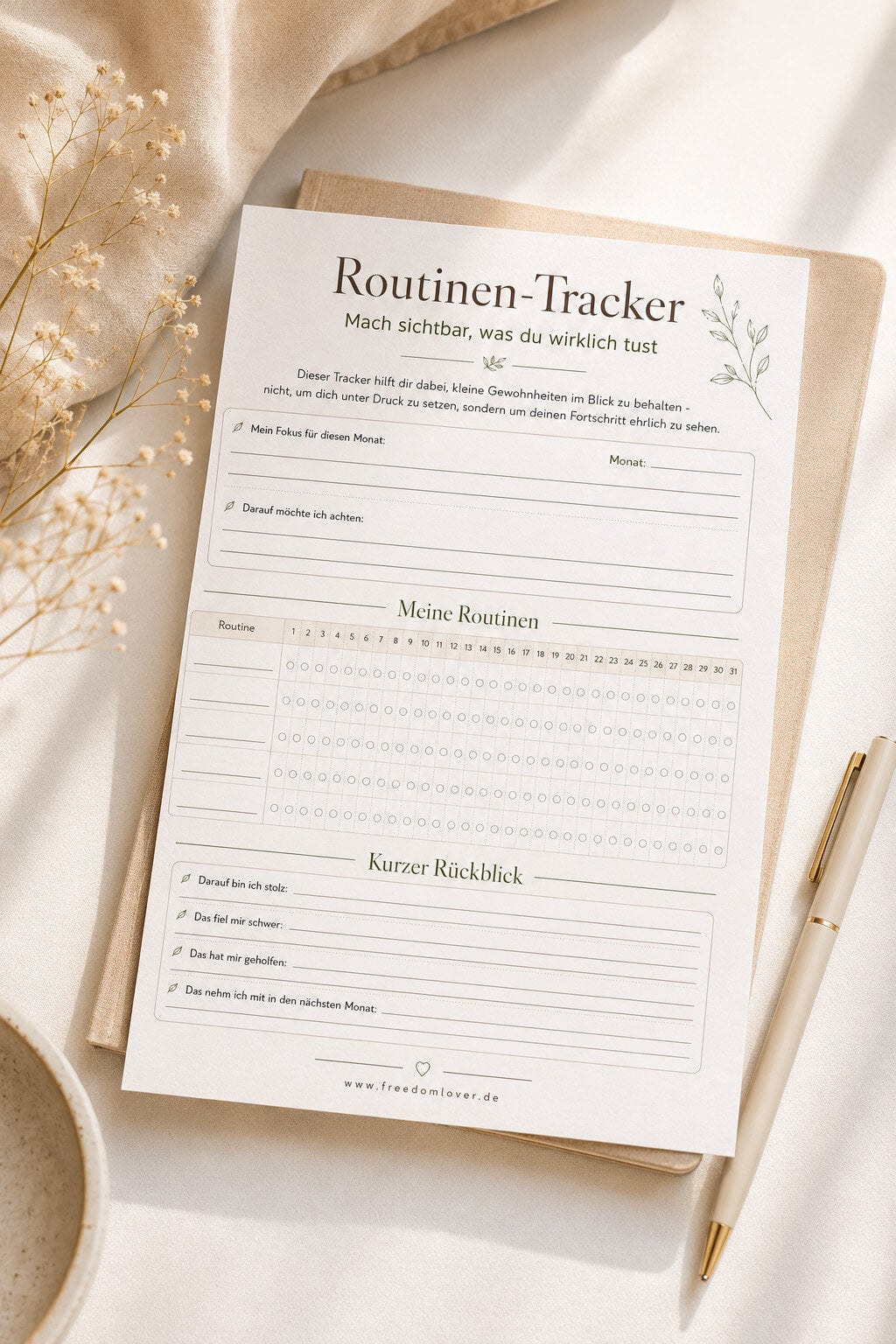 Routinen-Tracker von Freedom Lover auf einem hellen Untergrund mit Notizbuch, Stift und zarten Trockenblumen.