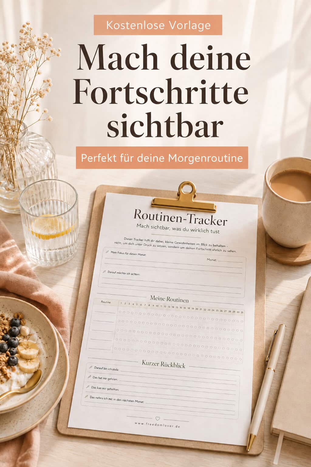 Routinen-Tracker als kostenlose Vorlage auf einem hellen Frühstückstisch mit Wasser, Kaffee, Joghurt, Stift und Notizbuch.