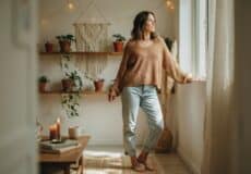 Frau im Boho Style steht am Fenster und sieht nachdenklich raus