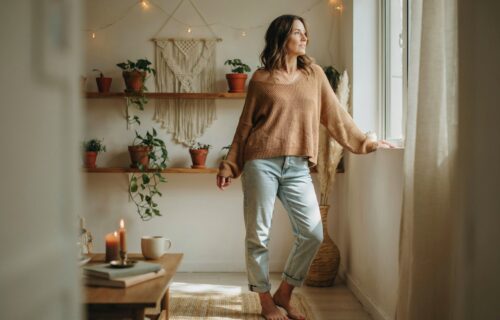 Frau im Boho Style steht am Fenster und sieht nachdenklich raus
