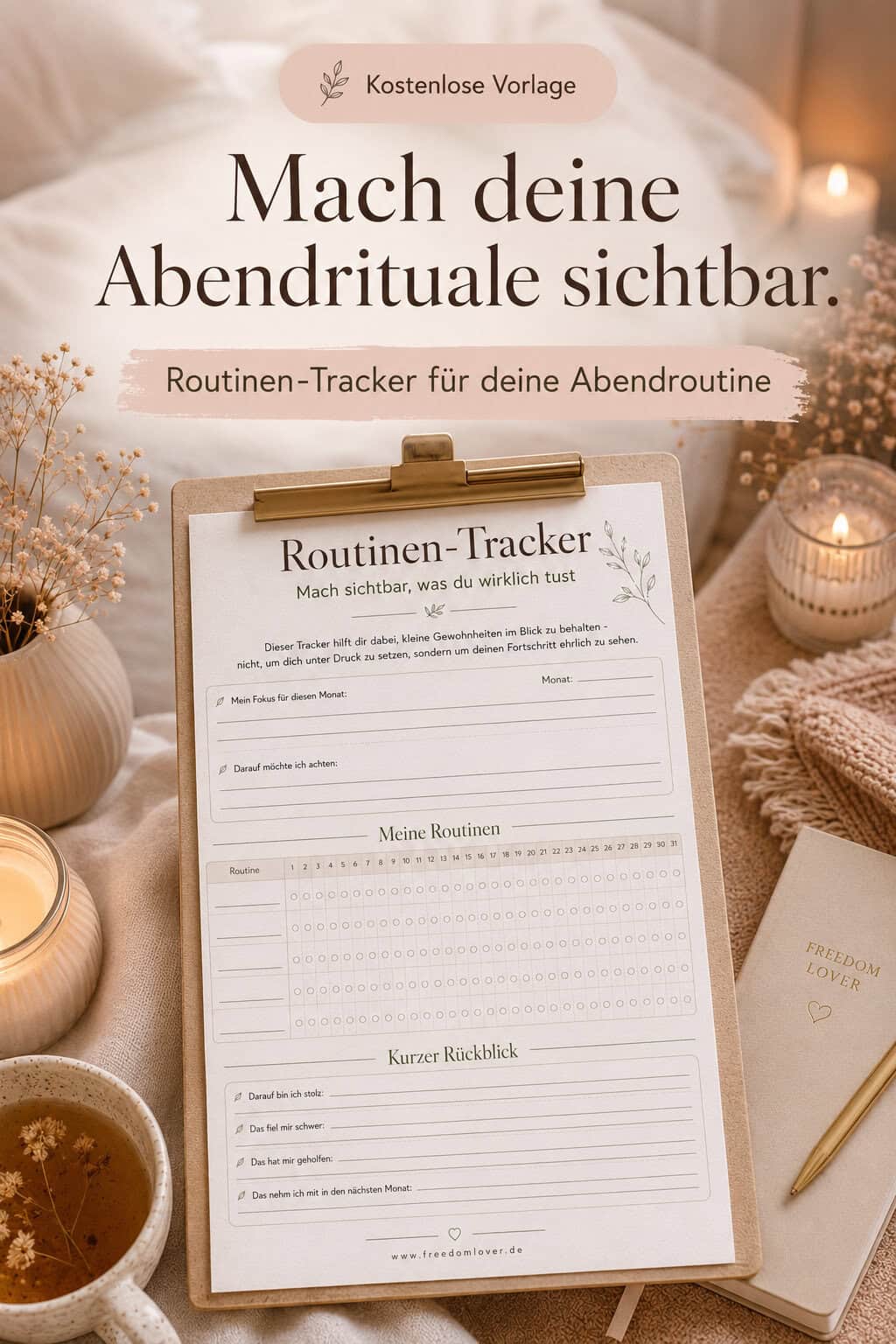 Routinen-Tracker als kostenlose Vorlage in einer gemütlichen Abendroutine-Szene mit Tee, Kerzen, Notizbuch und dem Text „Mach deine Abendrituale sichtbar“.