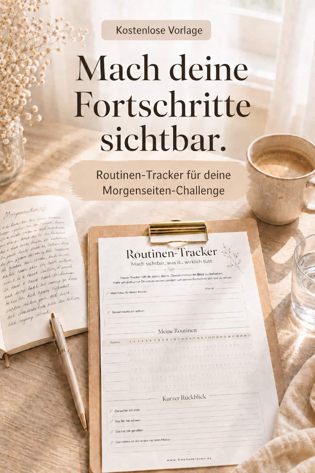 Routinen-Tracker auf einem Klemmbrett neben Notizbuch, Kaffee und Wasserglas mit dem Text „Mach deine Fortschritte sichtbar“ und Hinweis auf eine Morgenseiten-Challenge.