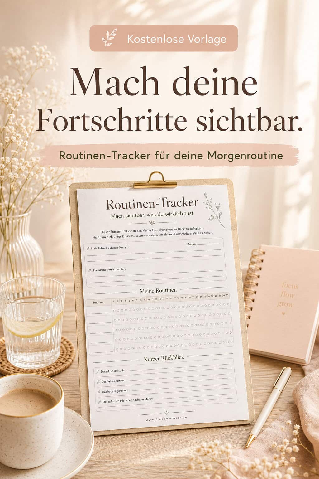Routinen-Tracker als kostenlose Vorlage auf einem hellen Morgenroutine-Schreibtisch mit Kaffee, Zitronenwasser, Notizbuch, Stift und Blumen.